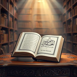 A beautifully designed book on a wooden table, open to the title page featuring elegant calligraphy