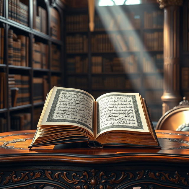 A beautifully designed book on a wooden table, open to the title page featuring elegant calligraphy