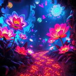 A visually striking and mysterious garden filled with vibrant, glitchy colors and digital artifacts resembling a digital landscape