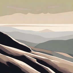 Rocky hills with a faintly foggy plain in the distance, viewed from a hillside, all rendered in a style similar to vector graphics