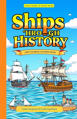 A beautiful and engaging coloring book cover featuring a variety of historical ships from different eras, including a majestic tall ship with billowing sails, a Viking longship with intricate patterns on its sail, an elegant steamship with ornate decorations, and a sturdy WWII battleship