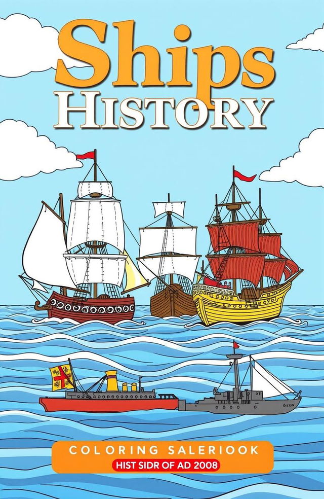 A beautiful and engaging coloring book cover featuring a variety of historical ships from different eras, including a majestic tall ship with billowing sails, a Viking longship with intricate patterns on its sail, an elegant steamship with ornate decorations, and a sturdy WWII battleship