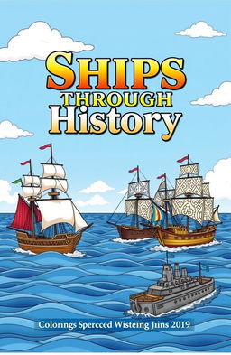 A beautiful and engaging coloring book cover featuring a variety of historical ships from different eras, including a majestic tall ship with billowing sails, a Viking longship with intricate patterns on its sail, an elegant steamship with ornate decorations, and a sturdy WWII battleship