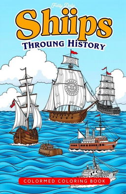 A beautiful and engaging coloring book cover featuring a variety of historical ships from different eras, including a majestic tall ship with billowing sails, a Viking longship with intricate patterns on its sail, an elegant steamship with ornate decorations, and a sturdy WWII battleship