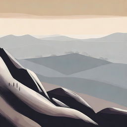 Rocky hills with a faintly foggy plain in the distance, viewed from a hillside, all rendered in a style similar to vector graphics