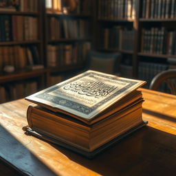 An ancient, beautifully bound book titled 'The Oldest Manuscript of Quran' by Golam Mahammad, elegantly placed on a wooden tabletop