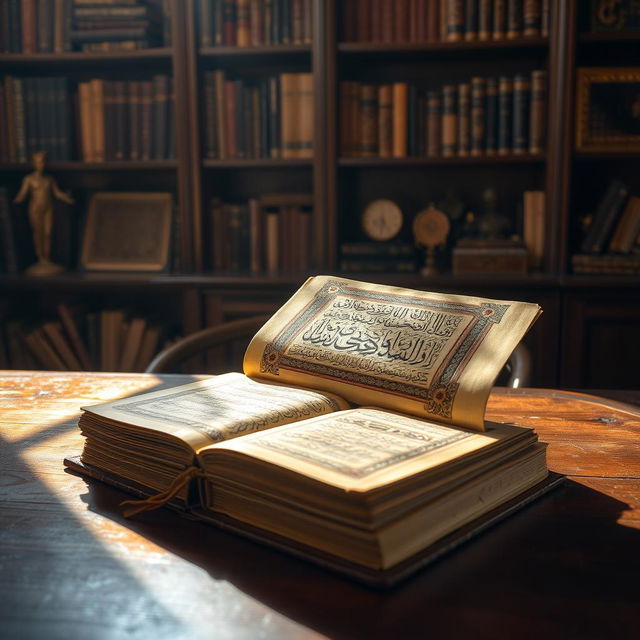 An ancient, beautifully bound book titled 'The Oldest Manuscript of Quran' by Golam Mahammad, elegantly placed on a wooden tabletop