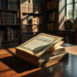 An ancient, beautifully bound book titled 'The Oldest Manuscript of Quran' by Golam Mahammad, elegantly placed on a wooden tabletop