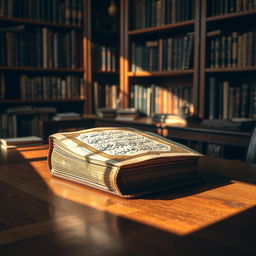 An ancient, beautifully bound book titled 'The Oldest Manuscript of Quran' by Golam Mahammad, elegantly placed on a wooden tabletop