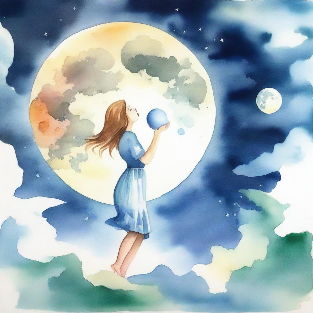 A watercolor scene depicting a surreal moment where a woman is taking a bite out of the large full moon floating in the sky.