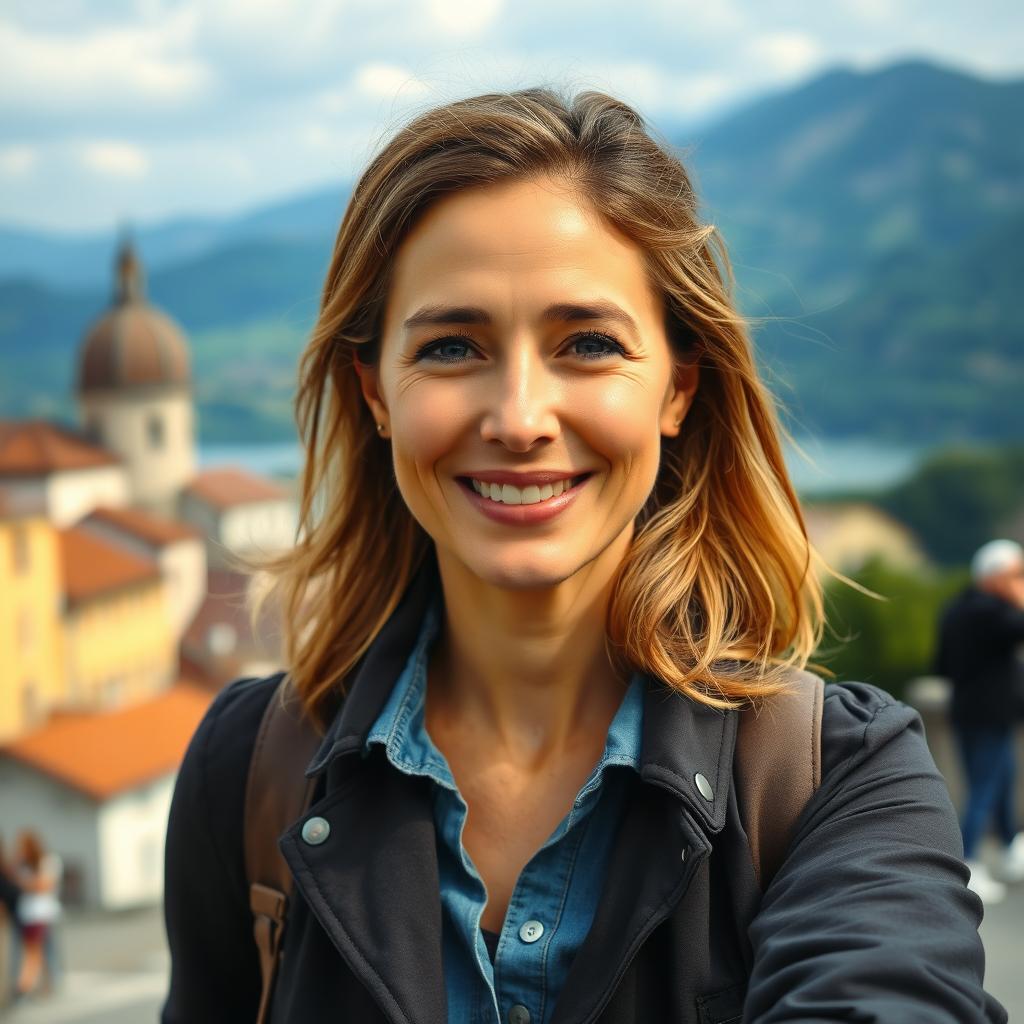 A photograph of a woman aged between 30 to 45 with a natural appearance, minimal makeup, and well-groomed hair