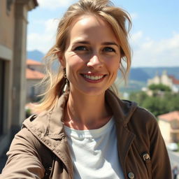 A photograph of a woman aged between 30 to 45 with a natural appearance, minimal makeup, and well-groomed hair