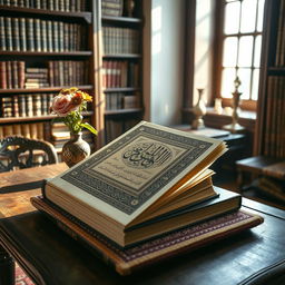 An artistic representation of the book titled 'The Oldest Manuscript of Quran' by Golam Mahammad elegantly displayed on an antique wooden table