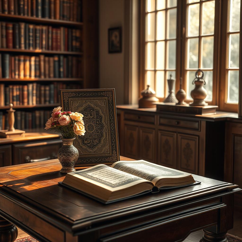 An artistic representation of the book titled 'The Oldest Manuscript of Quran' by Golam Mahammad elegantly displayed on an antique wooden table