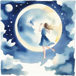 A watercolor scene depicting a surreal moment where a woman is taking a bite out of the large full moon floating in the sky.