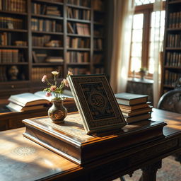An artistic representation of the book titled 'The Oldest Manuscript of Quran' by Golam Mahammad elegantly displayed on an antique wooden table