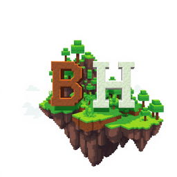 A 32x32 pixel art icon featuring the letters 'B' and 'H' in a cascading design, set against the backdrop of a floating island surrounded by a lush, forest-themed landscape