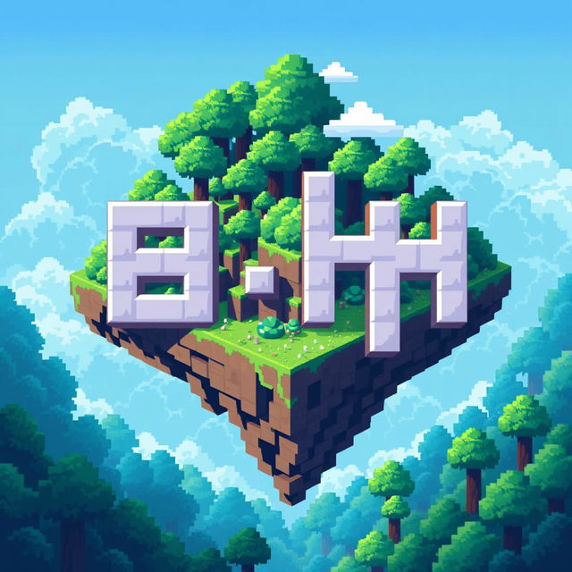 A 32x32 pixel art icon featuring the letters 'B' and 'H' in a cascading design, set against the backdrop of a floating island surrounded by a lush, forest-themed landscape