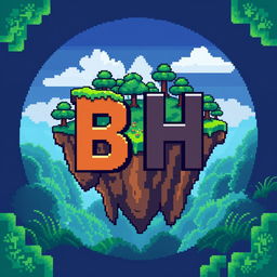 A 32x32 pixel art icon featuring the letters 'B' and 'H' in a cascading design, set against the backdrop of a floating island surrounded by a lush, forest-themed landscape