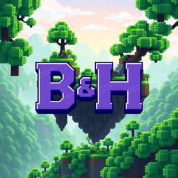 A 32x32 pixel art icon featuring the letters 'B' and 'H' in a cascading design, set against the backdrop of a floating island surrounded by a lush, forest-themed landscape