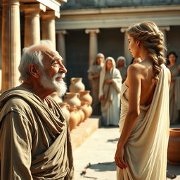 An ancient Greek setting featuring classic columns and clay pitchers in the background
