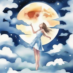 A watercolor scene depicting a surreal moment where a woman is taking a bite out of the large full moon floating in the sky.