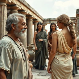 An ancient Greek setting featuring classic columns and clay pitchers in the background
