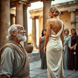 An ancient Greek setting featuring classic columns and clay pitchers in the background