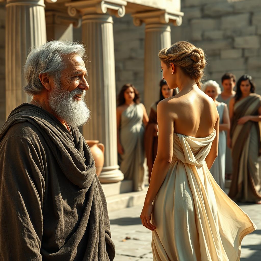 An ancient Greek setting featuring classic columns and clay pitchers in the background