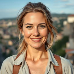 A photograph of a woman aged between 30 to 45 with a natural appearance, minimal makeup, and well-groomed hair