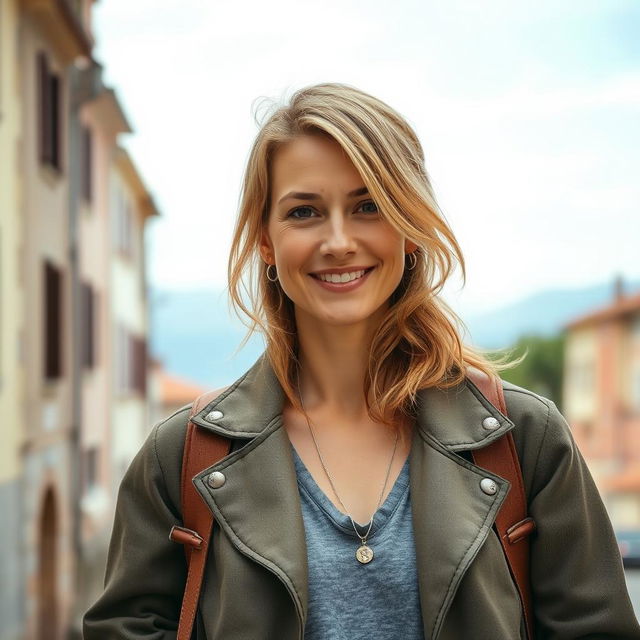 A photograph of a woman aged between 30 to 45 with a natural appearance, minimal makeup, and well-groomed hair