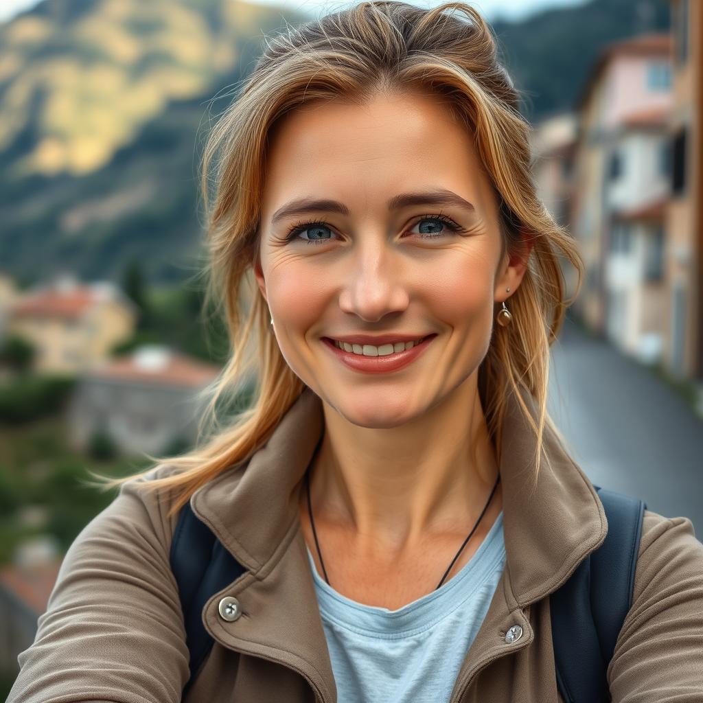 A photograph of a woman aged between 30 to 45 with a natural appearance, minimal makeup, and well-groomed hair