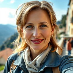 A photograph of a woman aged between 30 to 45 with a natural appearance, minimal makeup, and well-groomed hair