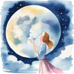 A watercolor scene depicting a surreal moment where a woman is taking a bite out of the large full moon floating in the sky.