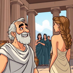 A cartoon-style illustration set in ancient Greece, featuring tall columns and amphorae in the background
