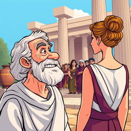 A cartoon-style illustration set in ancient Greece, featuring tall columns and amphorae in the background