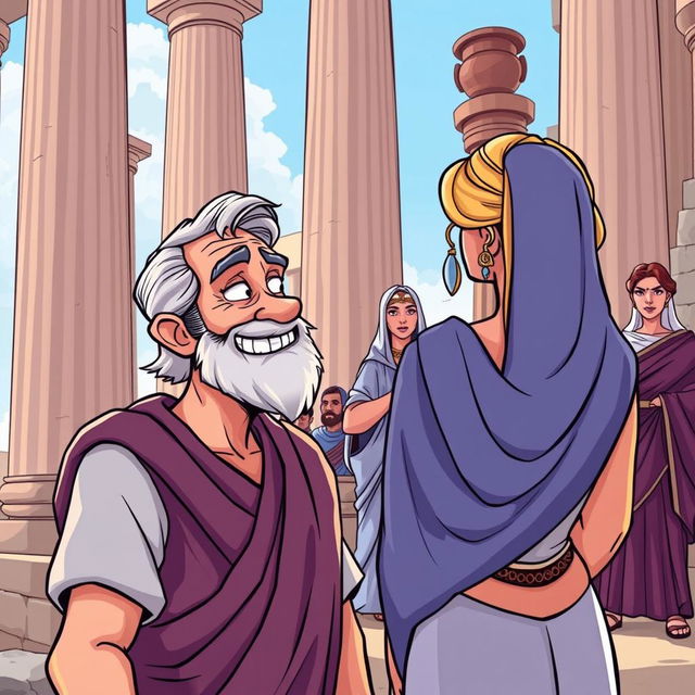 A cartoon-style illustration set in ancient Greece, featuring tall columns and amphorae in the background