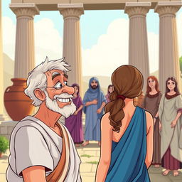 A cartoon-style illustration set in ancient Greece, featuring tall columns and amphorae in the background