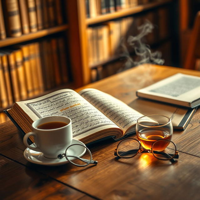 A wooden table in a cozy library setting, featuring an open English book titled 'The Oldest Manuscript of Quran' written by 'Golam Mahammad'