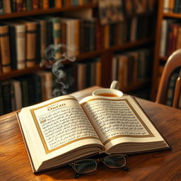A wooden table in a cozy library setting, featuring an open English book titled 'The Oldest Manuscript of Quran' written by 'Golam Mahammad'