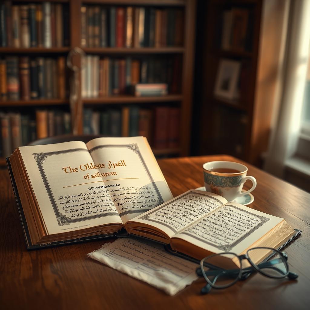 A wooden table in a cozy library setting, featuring an open English book titled 'The Oldest Manuscript of Quran' written by 'Golam Mahammad'