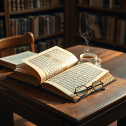 A wooden table in a cozy library setting, featuring an open English book titled 'The Oldest Manuscript of Quran' written by 'Golam Mahammad'