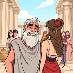 A cartoon-style illustration set in ancient Greece, featuring tall, majestic columns and traditional pottery (cantaros) in the background