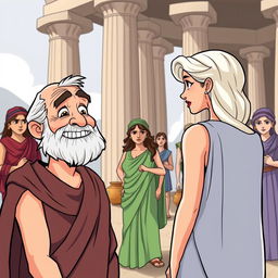 A cartoon-style illustration set in ancient Greece, featuring tall, majestic columns and traditional pottery (cantaros) in the background