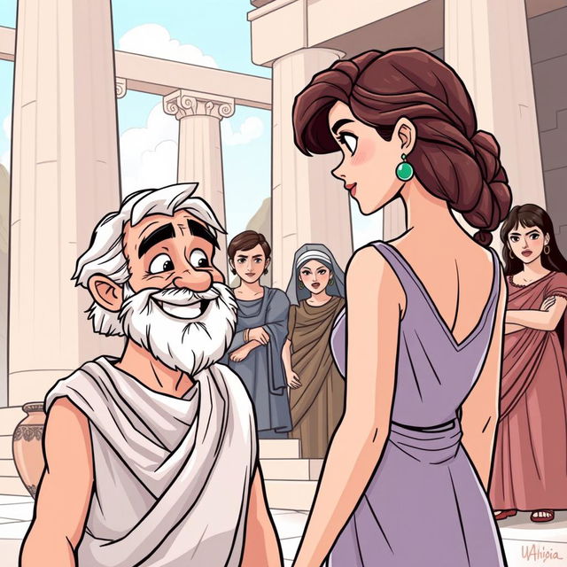 A cartoon-style illustration set in ancient Greece, featuring tall, majestic columns and traditional pottery (cantaros) in the background