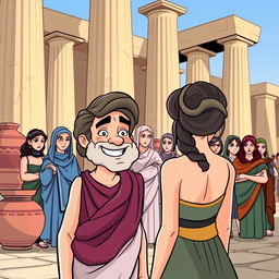 A cartoon-style illustration set in ancient Greece, featuring tall, majestic columns and traditional pottery (cantaros) in the background