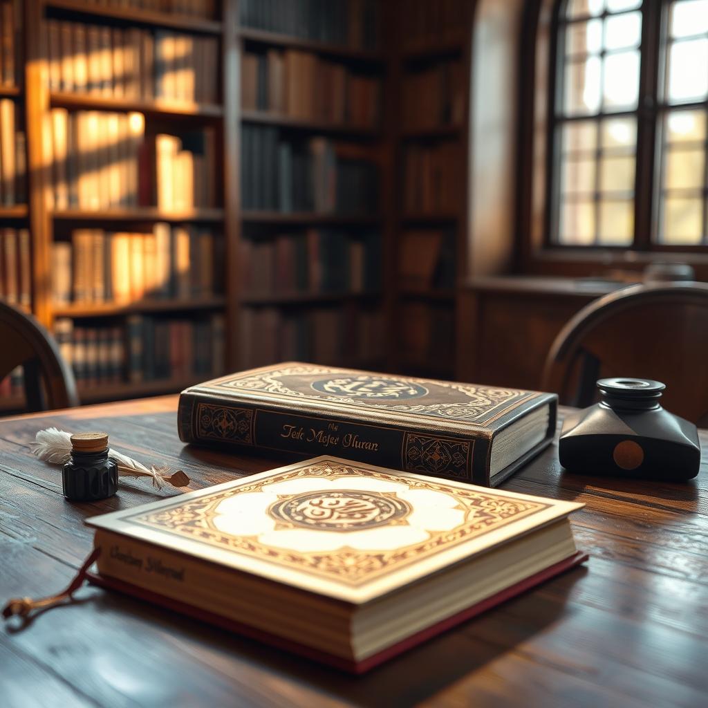 A beautifully designed English book titled 'The Oldest Manuscript of Quran' by Golam Mahammad, resting on a wooden table with warm sunlight streaming through a nearby window, illuminating the book's cover