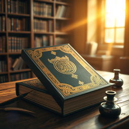 A beautifully designed English book titled 'The Oldest Manuscript of Quran' by Golam Mahammad, resting on a wooden table with warm sunlight streaming through a nearby window, illuminating the book's cover