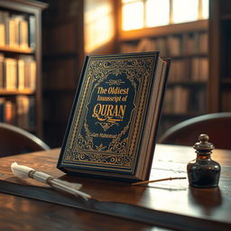 A beautifully designed English book titled 'The Oldest Manuscript of Quran' by Golam Mahammad, resting on a wooden table with warm sunlight streaming through a nearby window, illuminating the book's cover
