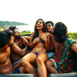 A vibrant and sensual scene set inside a convertible car on a scenic road trip in Goa, featuring a beautiful Indian girl with long legs, fully naked